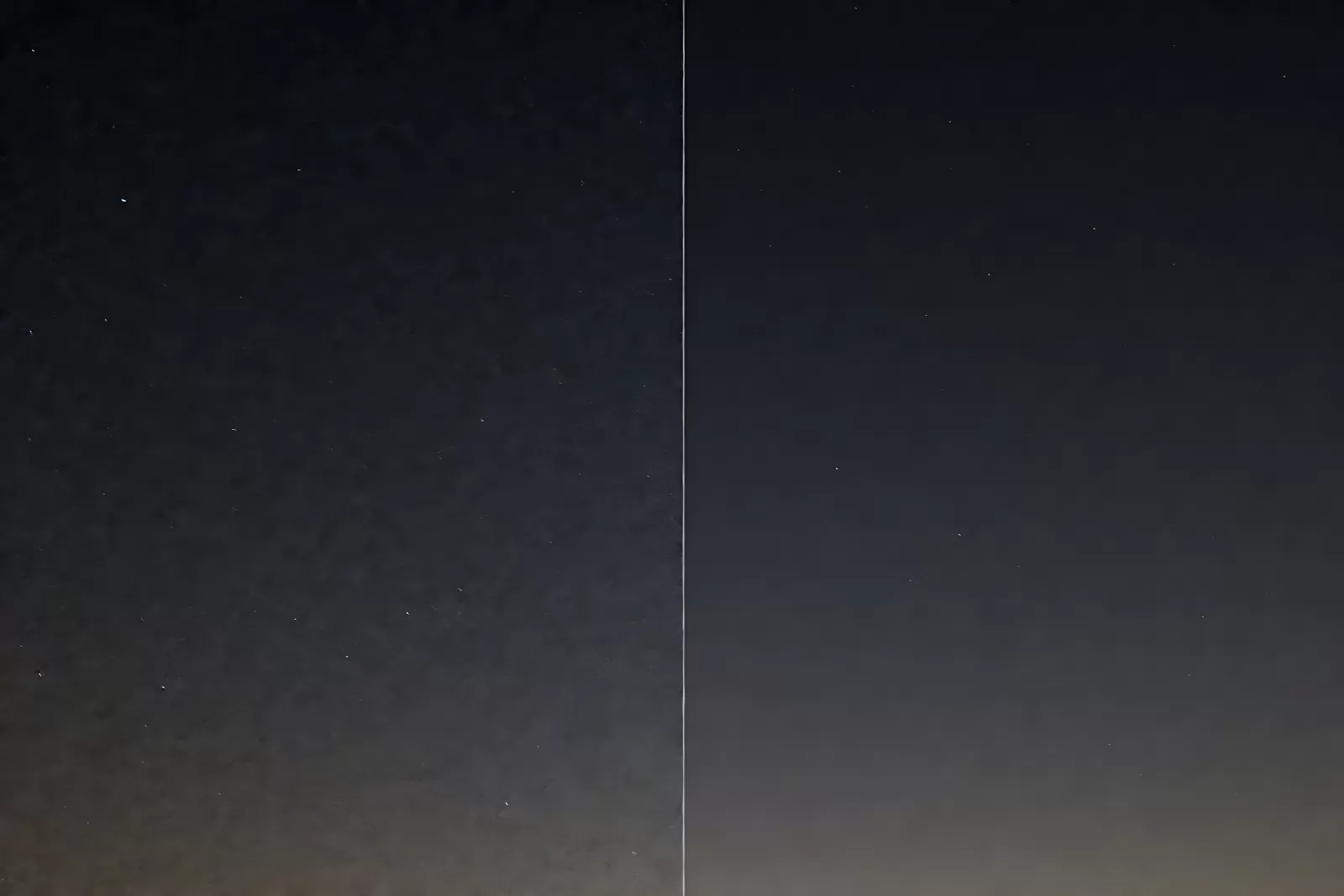 照片降噪前后对比：左侧夜景天空有彩色噪点颗粒，右侧降噪后干净但星点仍在